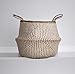 DUFMOD Small Natural Plush Woven Seagrass Tote Belly Basket Storage, Laundry, Picnic, Plant Pot Cover Beach Bag (Plush Zigzag Chevron Seagrass White, Small)