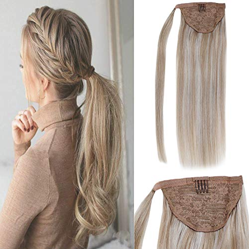 LaaVoo 12" Short Wrap Pony Tail Human Hair Extensions in Color Ash Blonde Mixed Bleach Blonde Remy Brazilian One Piece Ponytail Hair 70g