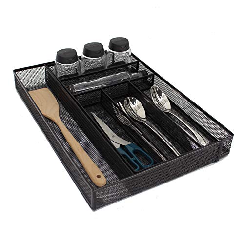 Iris'Home Expandable Silverware Organizer Mesh Cutlery Tray 7 Compartments. Kitchen Drawer Utensil Organizer Flatware Storage with Non-slip Foam Feet - Black