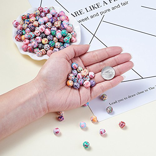 Kissitty 200-Piece Mixed Color Handmade Flower Pattern Polymer Clay Round Ball Beads 10mm for DIY Jewelry Making