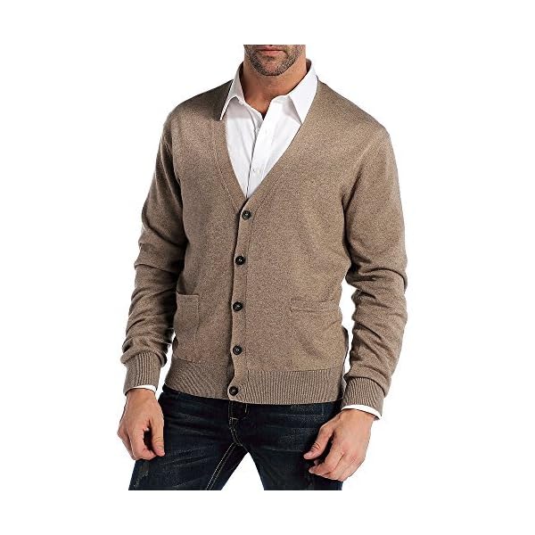 Kallspin Men’s Cardigan Sweater Cashmere Wool Blend V Neck Buttons Cardigan with Pockets