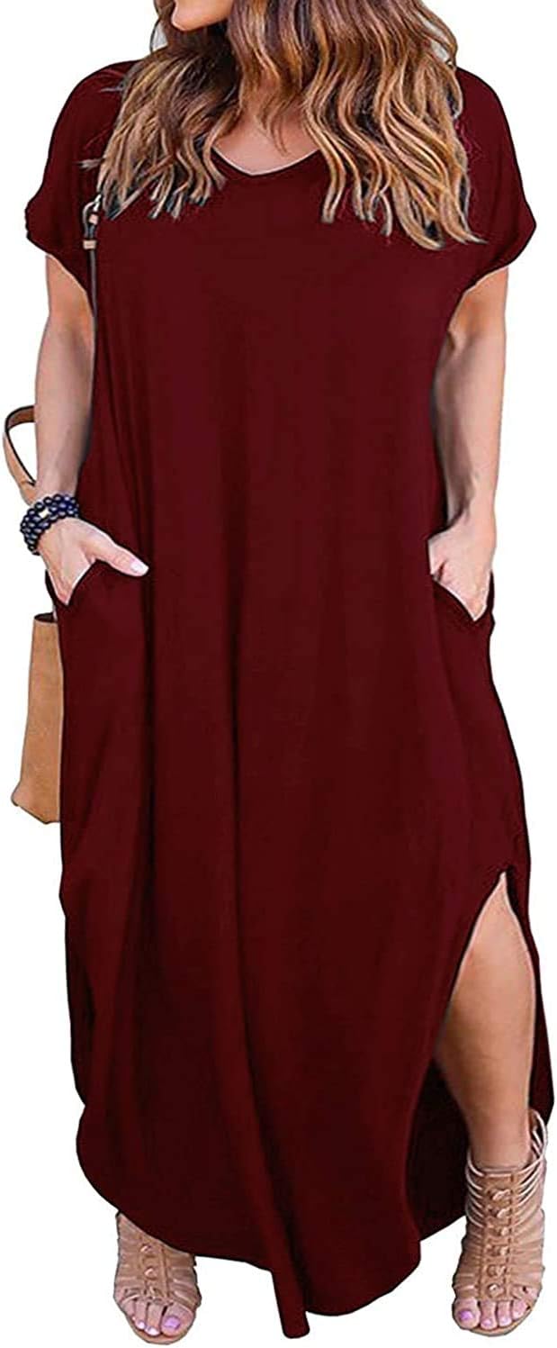 KancystoreWomen's Plus Size Dresses Casual Loose Pocket Short Sleeve Slits Plus Size Long Maxi Dress XL-5X