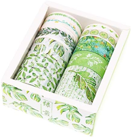BITEYI Washi Tape Set 10 Rolls Masking Tape Multi-Pattern-Themes Sticky Paper Tapes for DIY Decorative Craft,Bullet Journal,Gift Wrapping,Scrapbook (Green Shade)