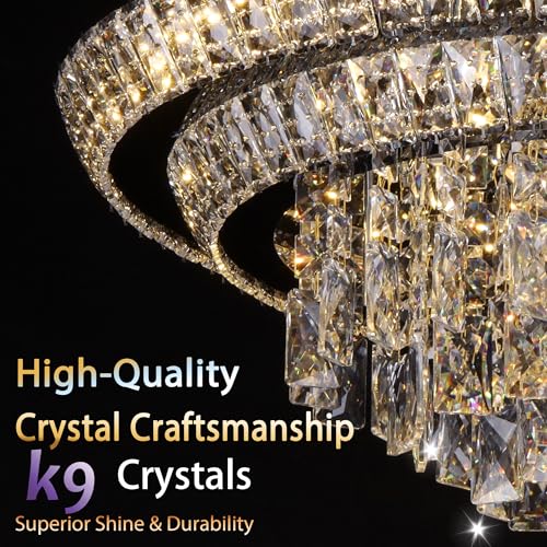 24 inch Crystal Chandeliers With Remote and APP Control, Modern Luxury Flush Mount Gold Ceiling Light, 3CCT Dimmable Brightness Adjustable,SUS 304, For Living/Dining Room Kitchen Bedroom Hallway Foyer