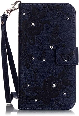 iPhone 7 Wallet Case,QFJ [ Wrist Strap ] Embossed [ Spot drilling ] Premium PU Leather Wallet [ Card Slots ] Flip Stand Case Cover for Apple iPhone 7 (4.7 inch) 2016 (Dark Blue)