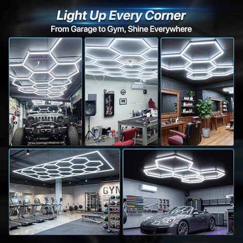 HYPERLITE Gen 2 Hexagon Garage Lights: 399W 39900LM 14 Grids Hexagon Led Light, 6500K Ultra Bright Honeycomb Hex Lights, Easy Install, Durable Design for Garage, Car Detailing, Workshops, Shops, Gym