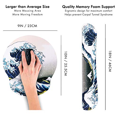 Hokusai The Great Wave Ergonomic Design Mouse Pad with Wrist Rest Hand Support and Keyboard Support. Round Large Mousing Area. Mouse Pad and Keyboard Pad for Laptop, PC Computer & Mac.