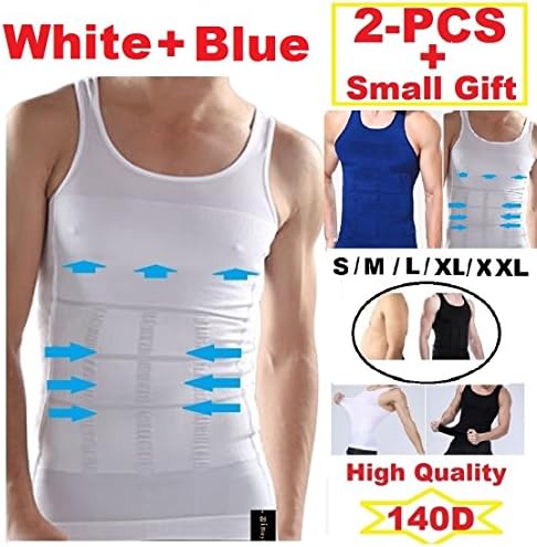 iBuylinks 2pcs Mens Compression Slimming Body Shaper Undershirt (S, White+Blue)