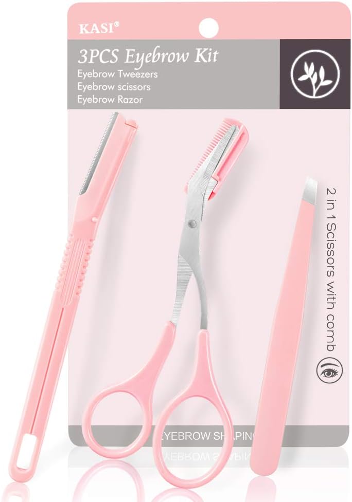 Eyebrow Tweezers Scissors and Razors Set - KASI 3pcs Stainless Steel Eyebrow Trimmer Shaver Shaper Eyebrow Scissors with Comb Kit for Women and Men - Pink