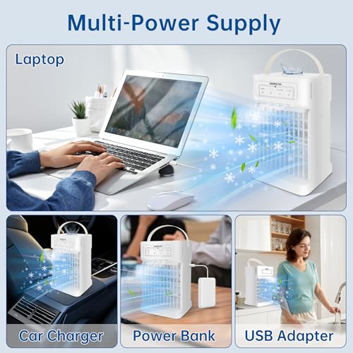 Portable Air Conditioner Cooling Fan, 1100ML Air Conditioning Unit with 3 Wind Speeds, Personal Air Cooler Fan with 7 LED Light, 2-8 Adjustable Timer, 3 Cool Mist Modes Ice Fan for Bedroom Car Office