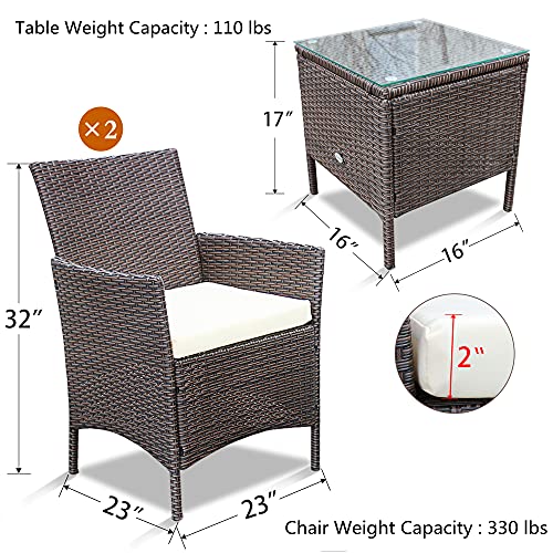 PAOLFOX Patio Conversation Furniture Sets 3pcs PE Rattan Wicker Chairs w/Table Outdoor Garden Sofa Washable Cushion & Tempered Glass Table top for Garden Poolside Balcony (Brown Sets + Beige Cushion)