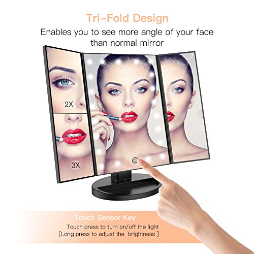 BESTOPE Makeup Vanity Mirror with 3x/2x Magnification,Trifold Mirror with 21 Led Lights,Touch Screen, 180° Adjustable Rotation,Dual Power Supply, Countertop Cosmetic Mirror (Black) - Thumbnail 2