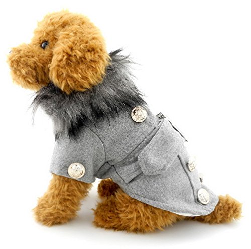 SELMAI Woolen Small Dog Coat Fur Collar Puppy Cat Dog Clothes for Winter Gray L