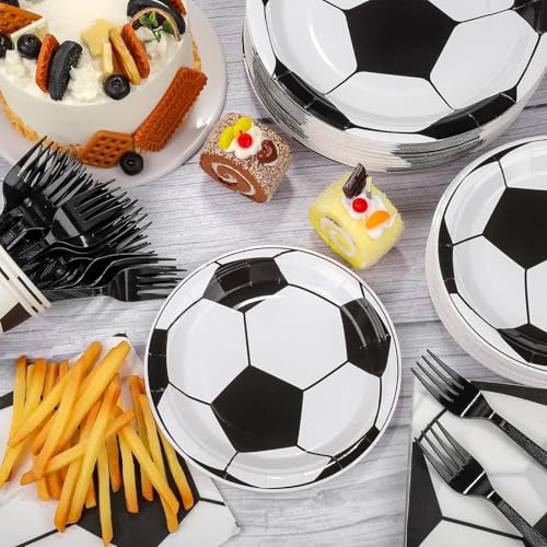 30PCS Platos de Fútbol para Fiesta de Cumpleaños, Decoraciones para Fiestas de Fútbol, con Placa, Mantel Taza,Tenedor, Servilleta, Pancarta, para Cumpleaños y Cualquier Celebración