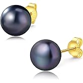 YAMI Black/Grey/White Pearl Earrings, Real Cultured Pearl, 925 Sterling Silver Stud Earrings Plated with 18K Gold, Classic & Elegant Jewelry Gifts for Women, Hypoallergenic Earrings for Sensitive Ears