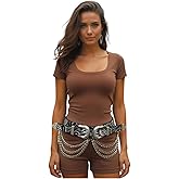 Women Western Fashion Wide Paisley Belt Black Faux Leather Silver Double Buckles Chain S Mz219