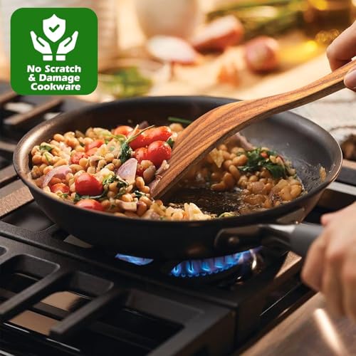 CENXI Wooden Cooking Spoons, Cooking Utensils 9 pcs, Natural Teak Wooden Cooking Spatulas, with Utensils Holder and 7Hooks, Comfort Grip Wooden Kitchen Utensils for Nonstick Cookware (9pcs&hook)