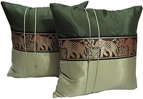 One Pair Big Elephant Stripe Throw Cushion Cover/Pillow Case Thai Silk for Decorative Sofa, Car and Living Room Size 16 X 16 Inches (Green)