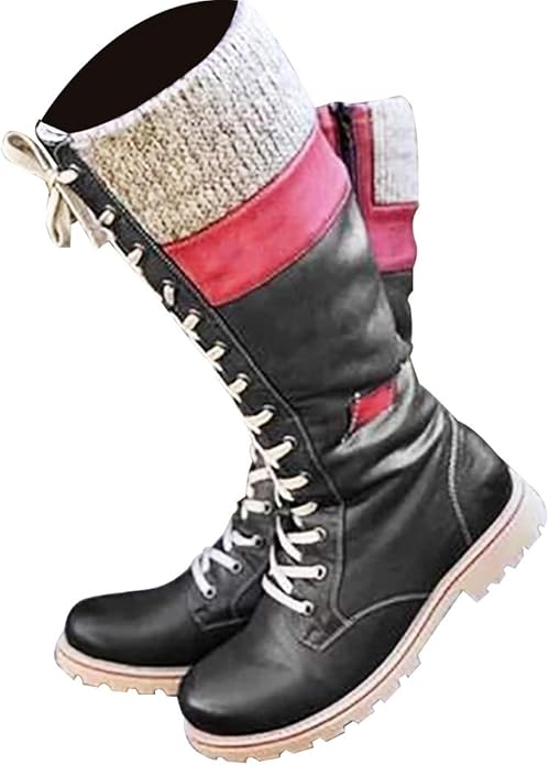 Vimisaoi Knee High Boots for Women, Zipper Low Chunky Heel Combat Motorcycle Riding Boots