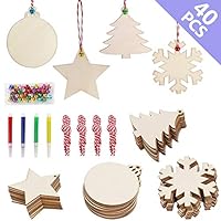 OurWarm 40pcs DIY Christmas Wooden Ornaments Unfinished, 4 Style Craft Wood Kit Great for Crafts Christmas Ornaments DIY Crafts (With 4 Coloured Pens)