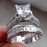 WensLTD 2-in-1 Womens Vintage White Diamond Silver Engagement Wedding Band Ring Set (#10, Silver)