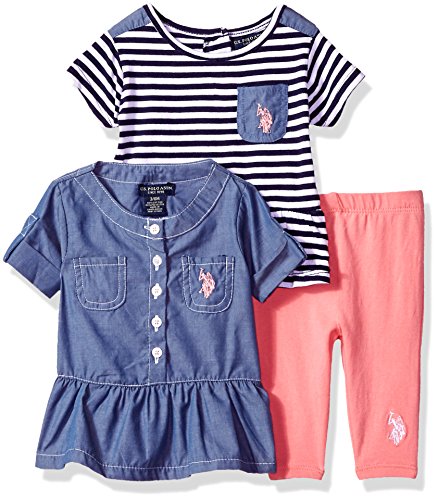 U.S. Polo Assn. Baby Girls Knit Fashion Top and Legging Set, Chambray Button up Striped Peplum Tee Peacoat, 24M