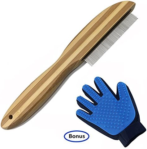 AlinkZ 2 Pack Bamboo Flea Comb for Dogs and Cats with Steel Pins Plus Pet Grooming Glove for Dog, Shedding Gloves Brush