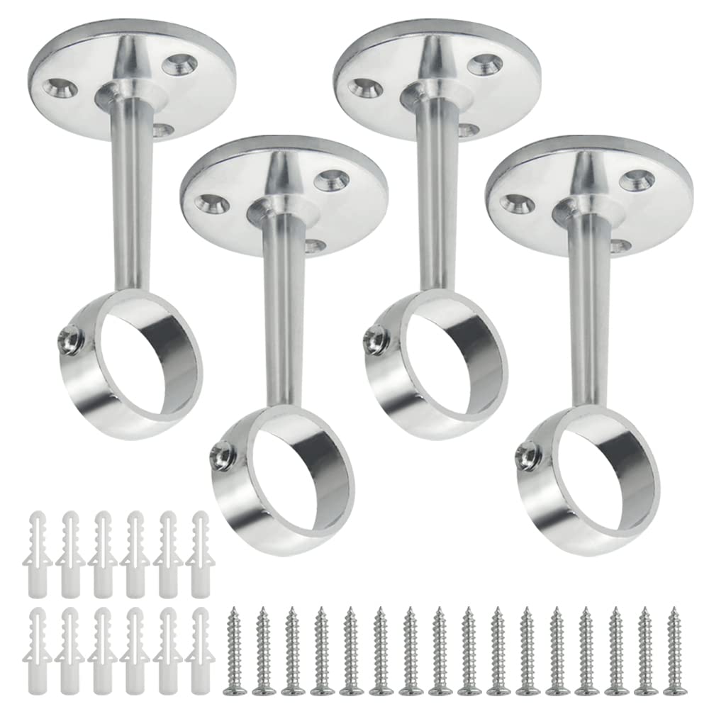 WMYCONGCONG 4PCS Shower Curtain Rod Bracket Ceiling Mount Pole Holder 1 Inch(25.5mm) Diameter Metal Closet Rod Support Shelf Bracket Heavy Duty Wardrobe Flange Pole Socket with Screw Kit, Silver