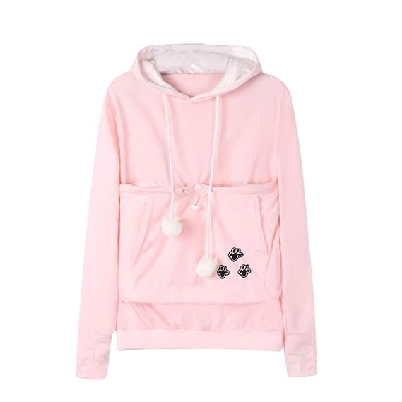 Dehots Damen Pullover Kapuzenpullover mit Katzen Hund Tasche Hundetasche Katze Sweatshirt Pulli Hoodie Kapuze Katzenpulli Beu