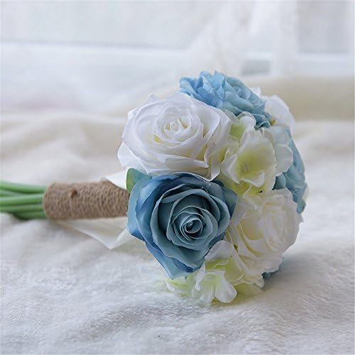 Fouriding Wedding Bouquet Artificial Mutiple Silky Flowers Rose Bridal Bouquets for Bride Bridesmaid Holding Wedding Decoration (Blue+white)