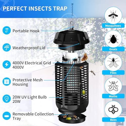 TERRIFI Electric Bug Zapper, 20W UV LED Mosquito Killer Lamp, 4000V High Voltage Power, Effective Area 80m², Suitable for Indoor and Outdoor Use, Fly Trap Light for Home, Office and Garden