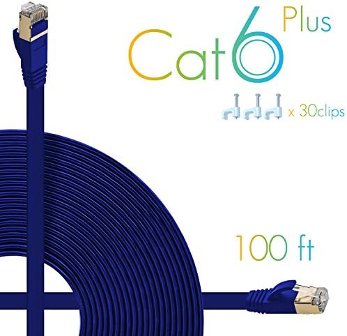 AOFORZ - Ethernet Cable Cat6 Plus 100ft - Blue Flat High speed Internet Network cable with Cable Clips - Computer Cable With Snagless Rj45 Connectors - 100 feet Blue (30 Meters)