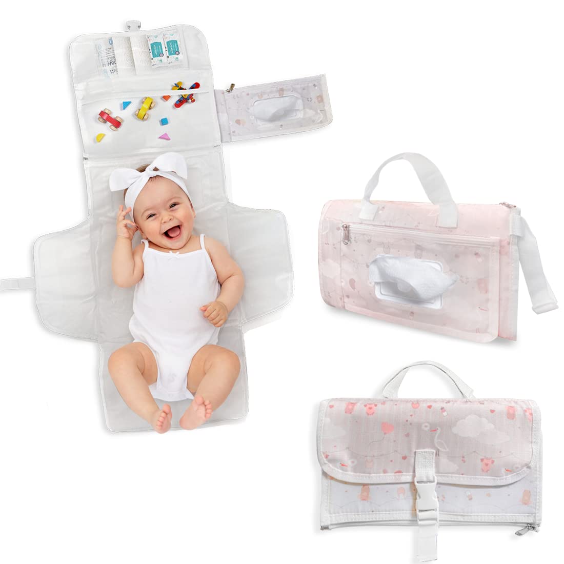 TENDS Portable Baby Changing Mat XL-Foldable Waterproof Diaper Changing Mat with Detachable Bag and 6 Pockets as a Toiletry Bag for Baby Items