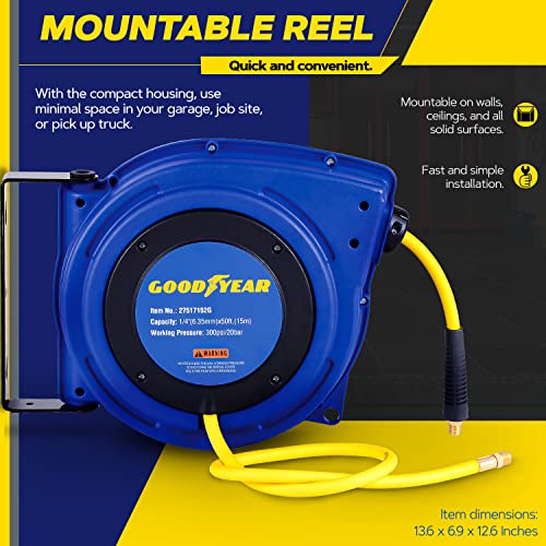 Goodyear Air Hose Reel Retractable 1/4" Inch x 50' Foot Premium