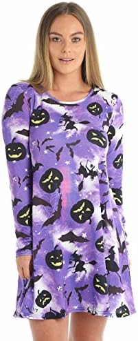 Hi Fashionz – Girls Ladies Women Halloween Pocket Trousers and Swing Dress in Pumpkin and Gothic Print (X-Large: US 16-18, UK 20-22, Purple Pumpkin Dress)