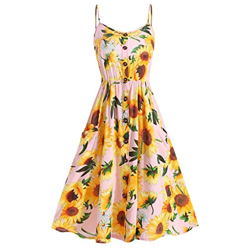 Finedayqi  Woman Dress,Women Sexy Sunflower Printing Pocket Button Off Shoulder Sleeveless Dress Pink