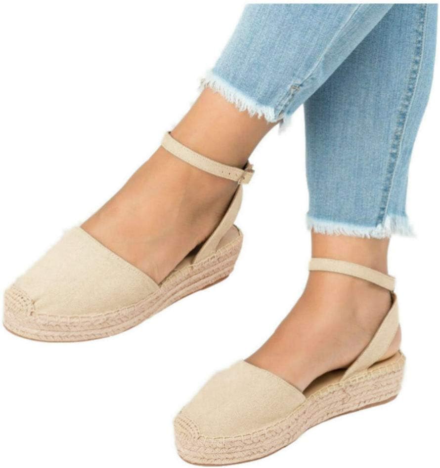 LAICIGO Women's 3" Elastic Band Ankle Strap Round Closed Toe Espadrilles Wedges Heel Sandals