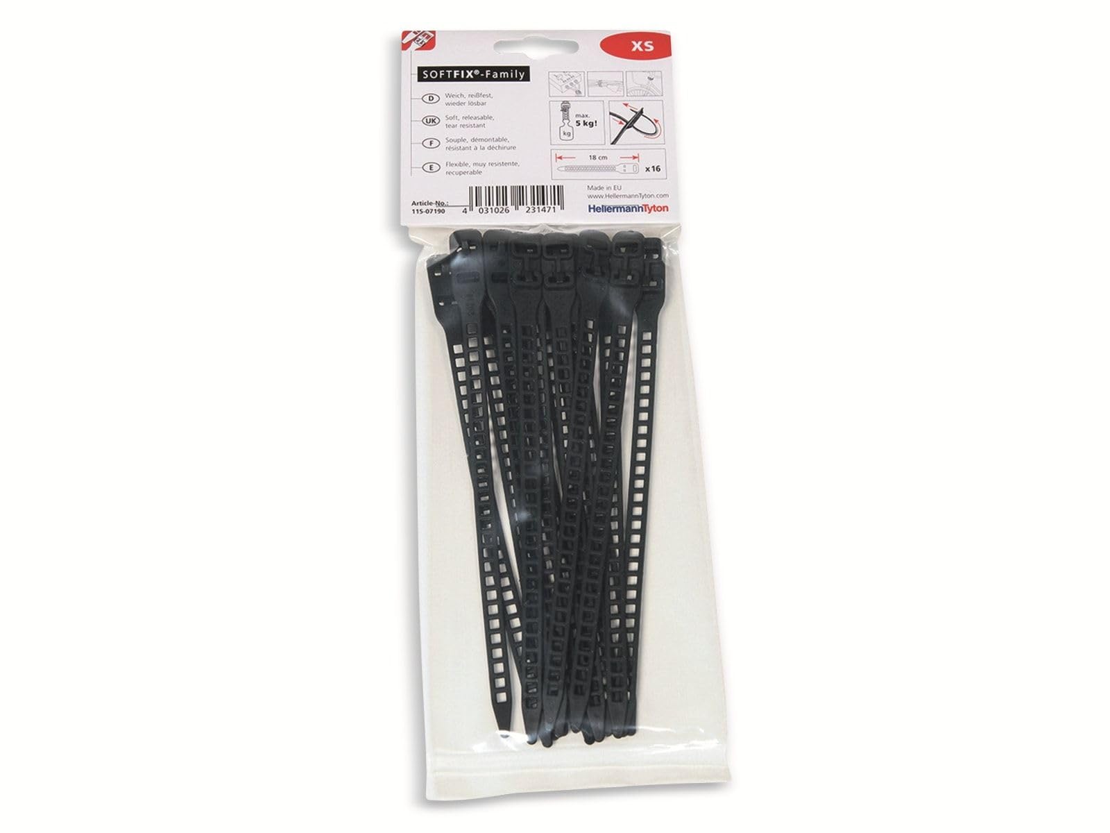 HellermannTyton 115-07190 SOFTFIX-XS-TPU-BK-XW Cable Ties 180 mm 7 mm Black Loose Very Flexible