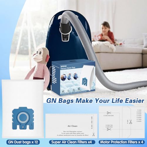 12 Pack 3D GN Air Clean Dust Bags Compatible with Miele GN Vacuum Cleaner Bags for Classic C1 Complete C2 Complete C3 S2 S5 S8 S400 Series with 4 Motor Protection Filters, 4 Exhaust Filters