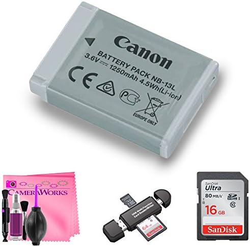 Canon Battery Pack NB-13L + 16GB Memory Card + Memory Card Reader + Camera Works Cloth (For: G7 X, G9 X, SX620 HS, SX720 HS, SX730 HS, G1 X Mark III, G5 X, G7 X Mark II, G9 X Mark II Digital Cameras)