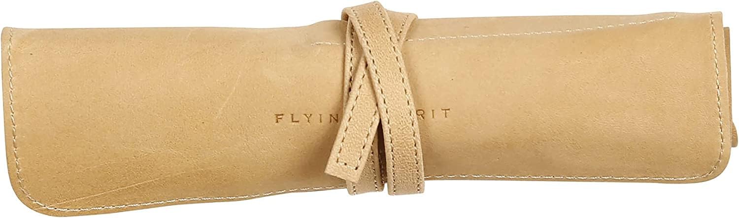 Clairefontaine 930028C Flying Spirit Round Pencil Case - Compartmentalised Case, Protective Flap and Strap Closure - L. 26.7 x H. 20.5 cm Genuine Beige Leather