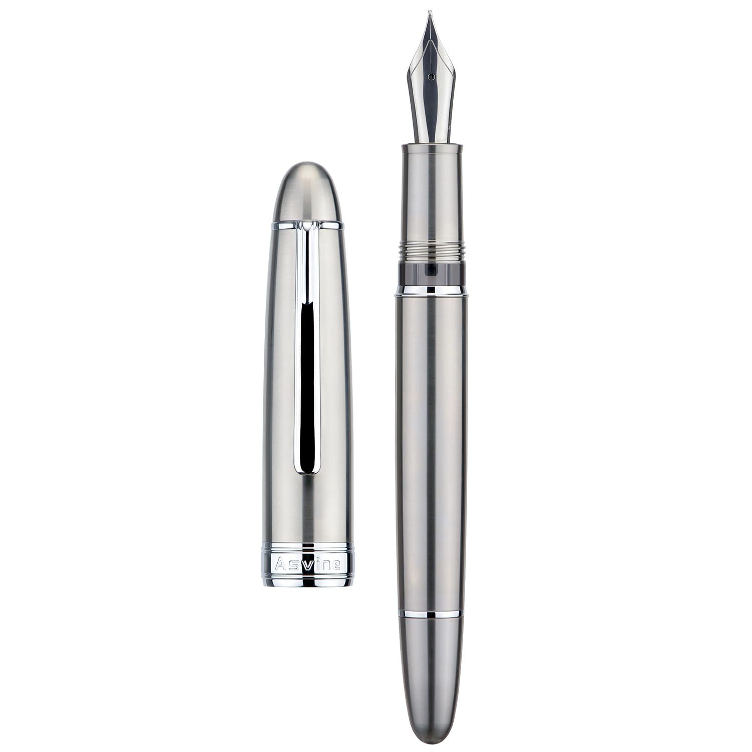 Asvine J16 Solid Titanium Fountain Pen Jowo Fine Nib Piston Filling, Ink Window Design with Wrench and Pen Box