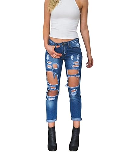 E Support™ Damen High Waist Jeans Boyfriend Denim Hose röhre mit löchern Loch Jeanshose