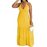 TOPSRANI Womens Sleeveless Maxi Dress Halter Casual Backless Smocked Tiered Ruffle Flowy Sexy Slip Sling Strap Dresses