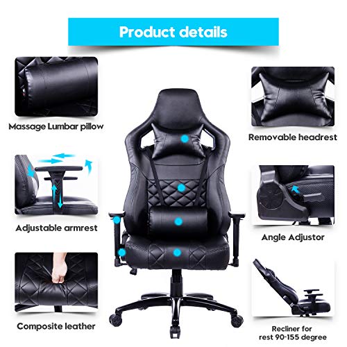 Blue Whale Big and Tall Gaming Chair Computer Chair with Massage Lumbar Support Heavy Duty Matel Base Gamer Racing PC Gaming Chair High Back Ergonomic Office Desk PU Leather Reclining Chair Black - Thumbnail 2