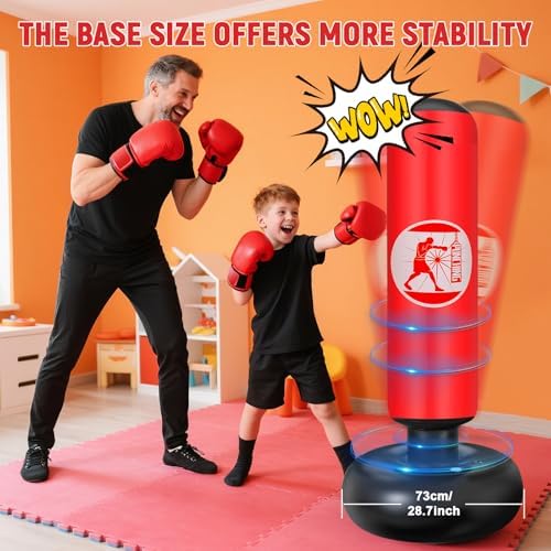Sac de Boxe pour Enfants 6 à 12 Ans, 160cm Gonflable Sac de Frappe sur Pied, Sac de Boxe Set de Formation avec Gants, Cadeau Parfait pour Garçons et Filles pour Karaté, Taekwondo