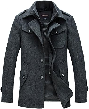Guandoo Men's Winter Slim Fit Wool Coat Jacket Stand Collar Overcoat Mid Long (2XL, Grey)
