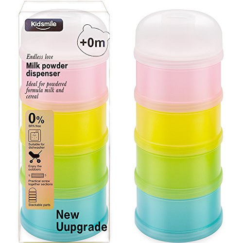 Kidsmile Babies Non-spill milk Dispenser, Twist Locks, Stackable Dispensers, Snack Storage Containers. (4 tier Packaged Intelligent Storage System , 4 Different Color Packs)