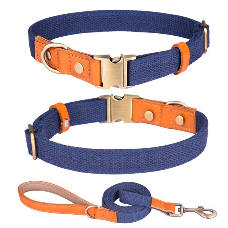 Haoyueer Nylon Dog Collar, with Metal Safety Buckle, Adjustable leather & Nylon Pet Collars & Leash set for Small Medium Large Dogs (M, Dark Blue)