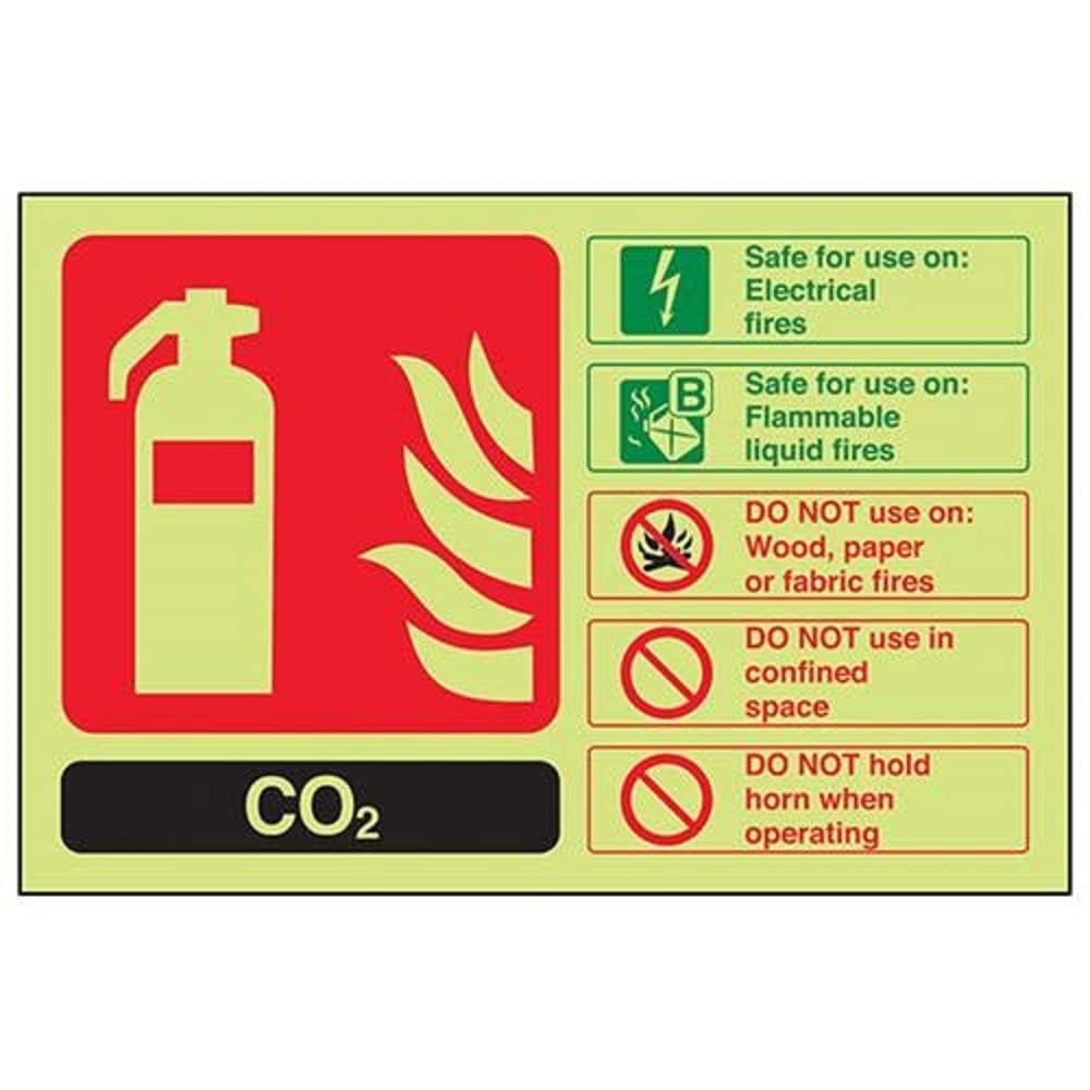 VSafety Glow In The Dark Carbon Dioxide Co2 Id Fire Extinguisher Sign - 200mm x 150mm - Self Adhesive Vinyl